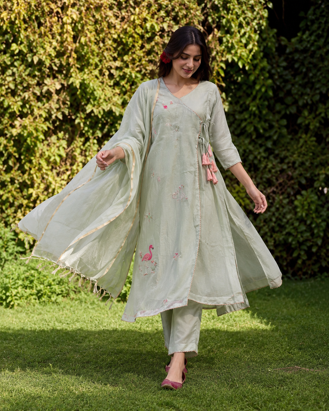 Light Pista A Line Mal Chanderi Kurta PAnt Set with Dupatta