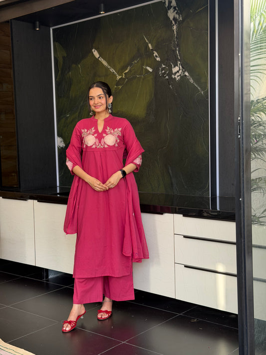 Pink Straight Kurta Plazzo Set With Dupatta  For Women