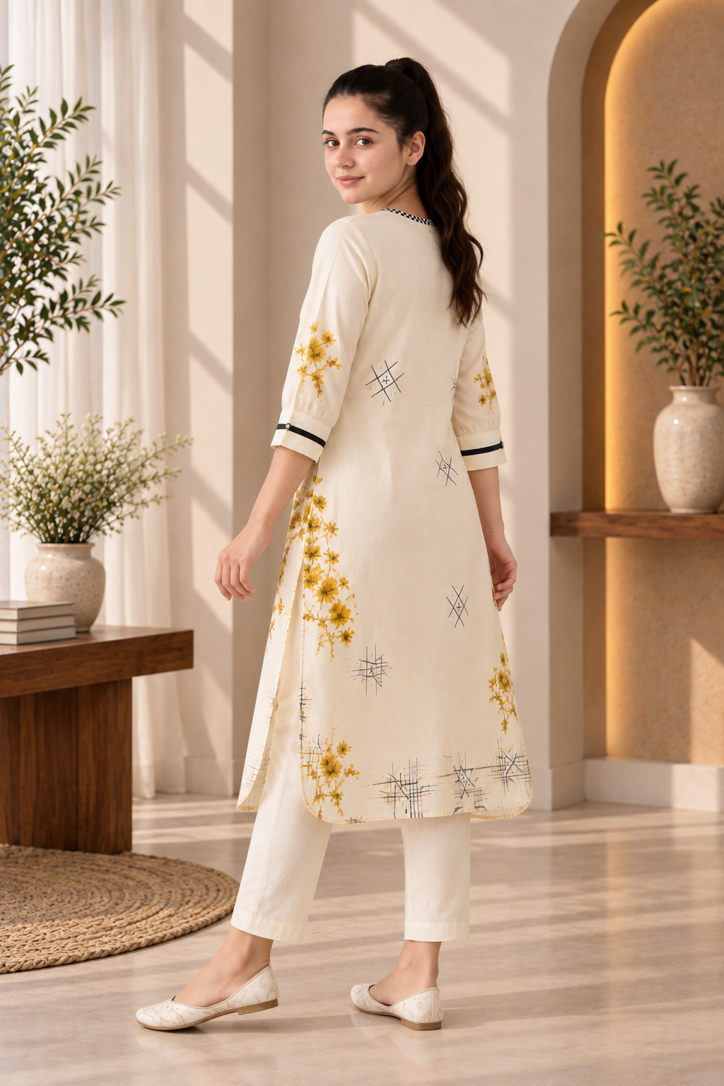 Women’s off white ethnic kurta set with floral and geometric prints and matching trousers.