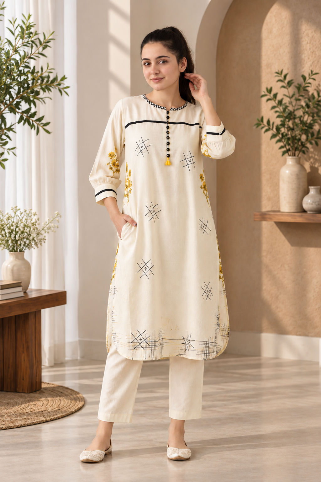 Women’s off white long printed kurta paired with coordinated straight pants.