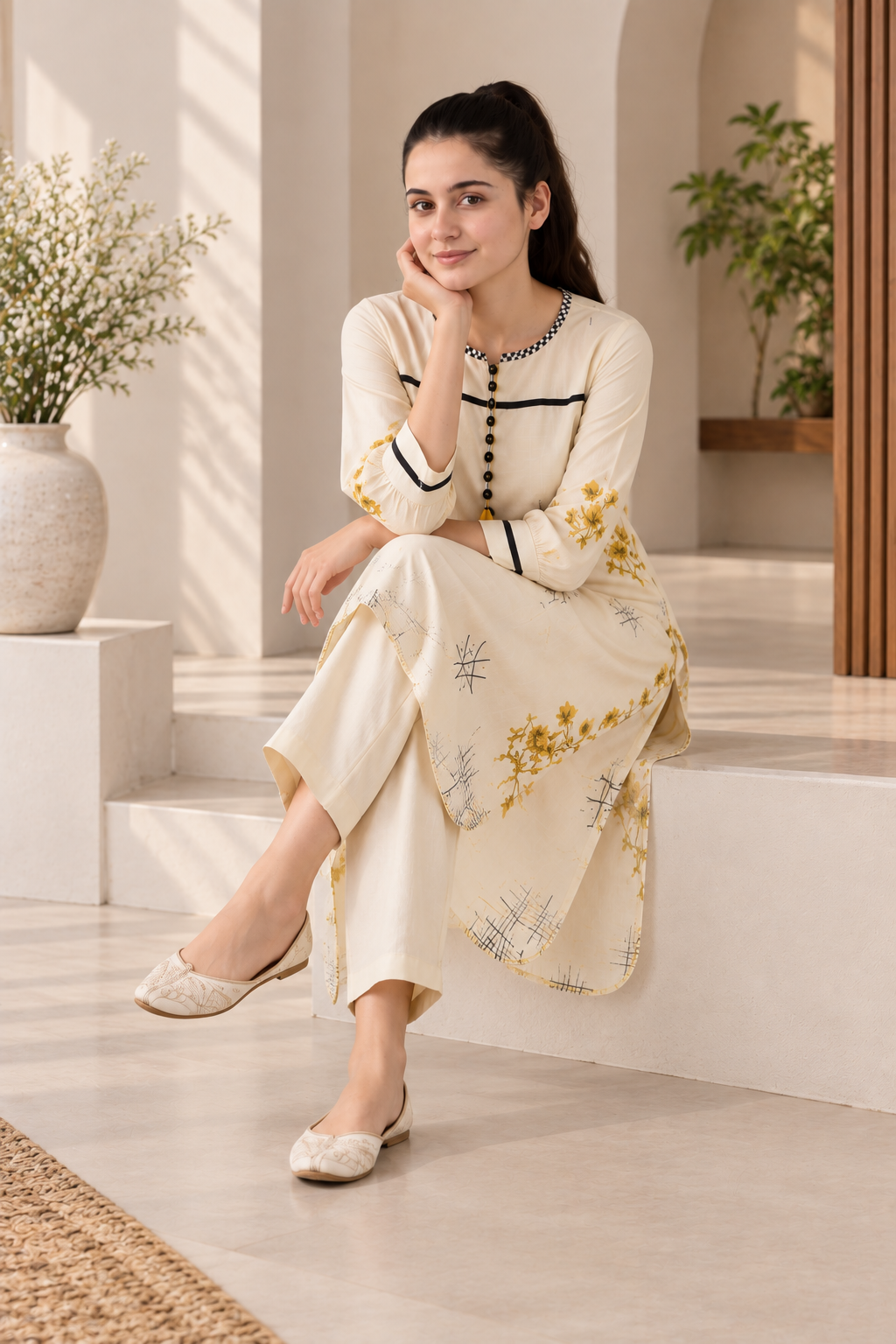 Stylish women’s off white printed kurta with matching pants and 3/4 sleeves.