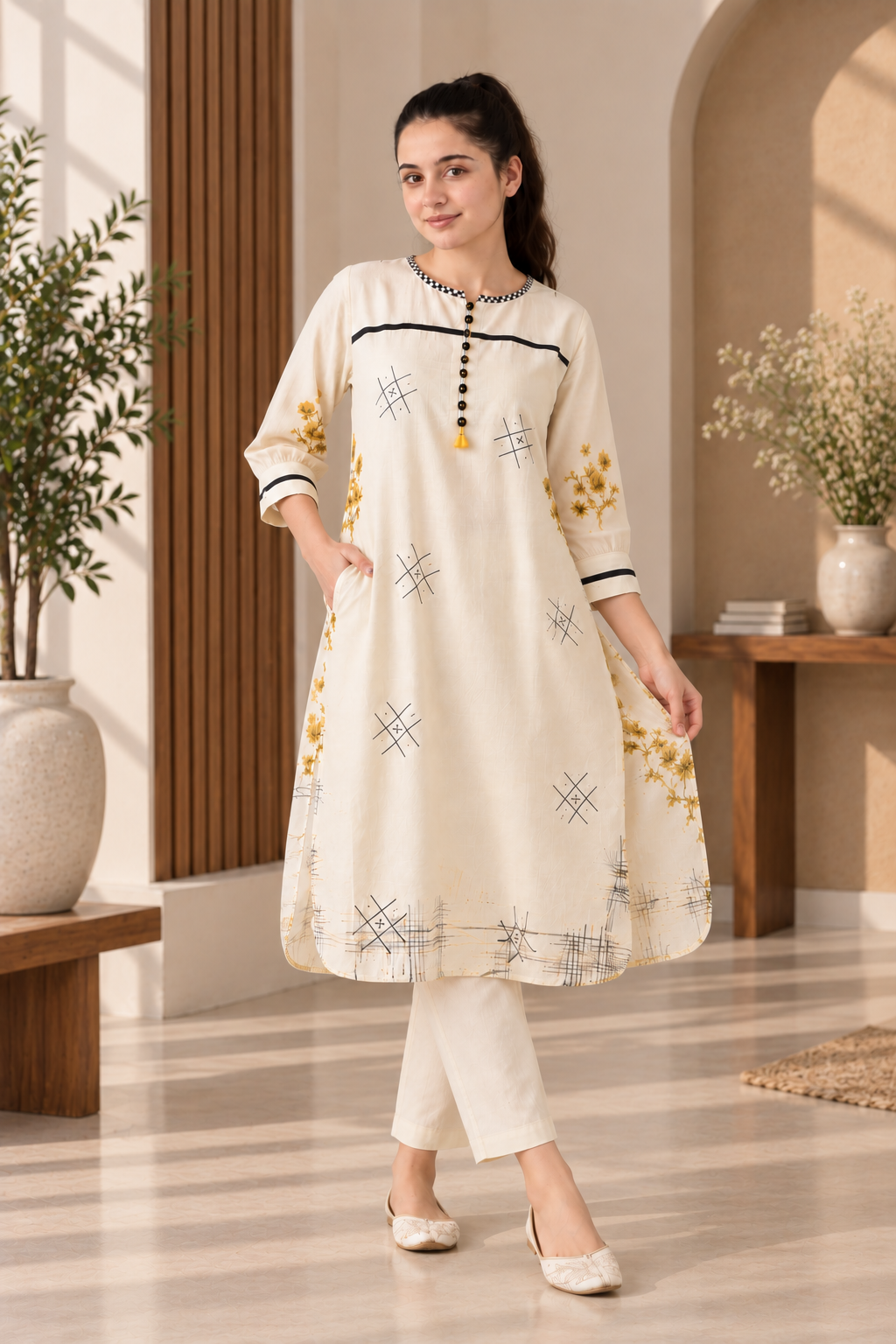 Women’s off white straight kurta with floral and geometric prints, 3/4 sleeves, and matching pants.