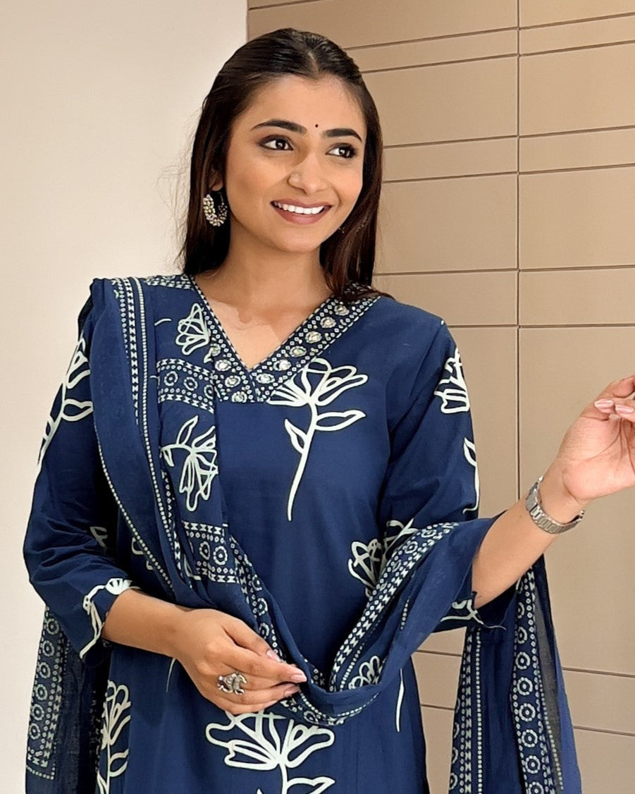 Teal Blue Printed V neck Kurti