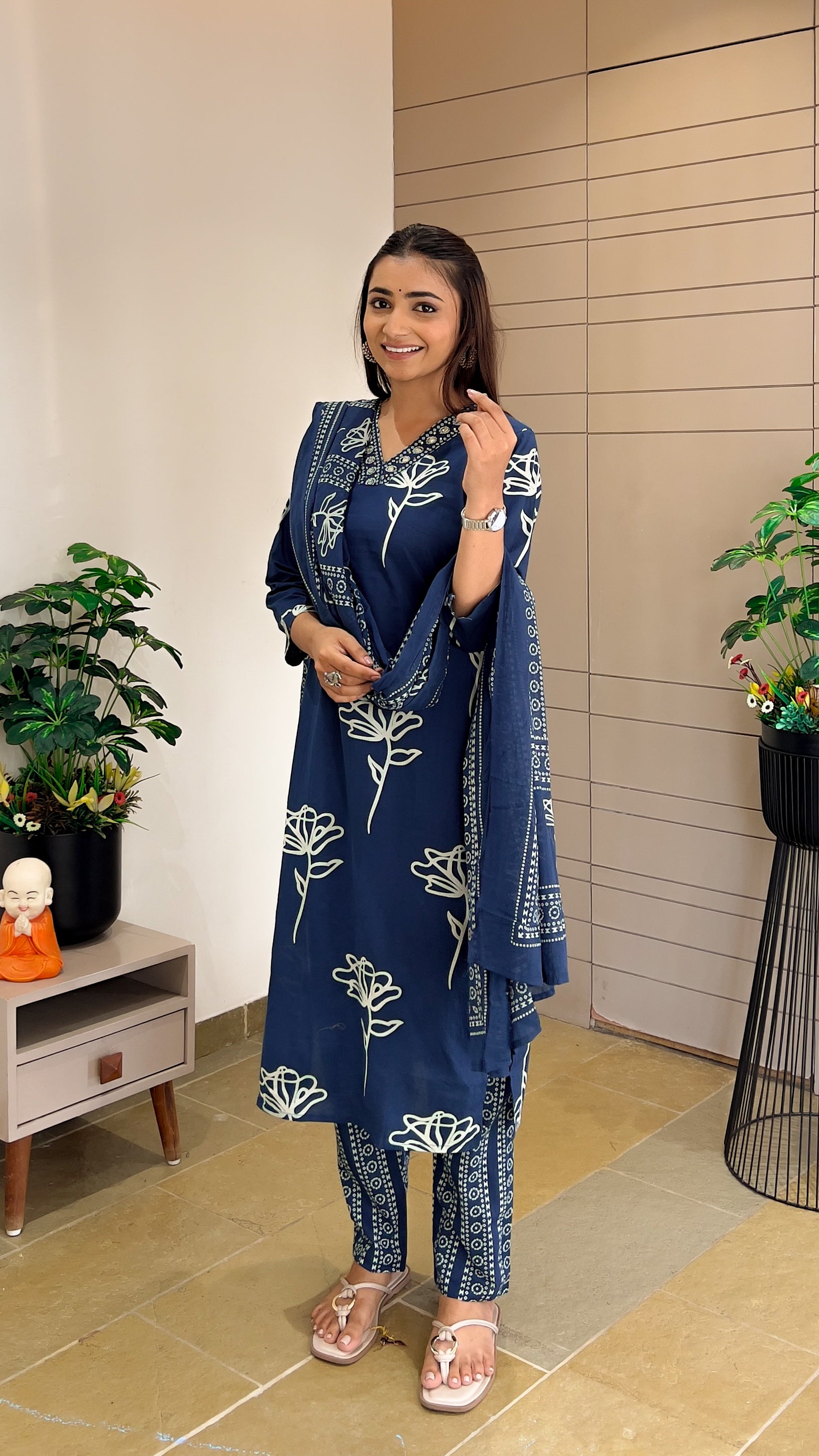 Teal Blue Printed V neck Kurti