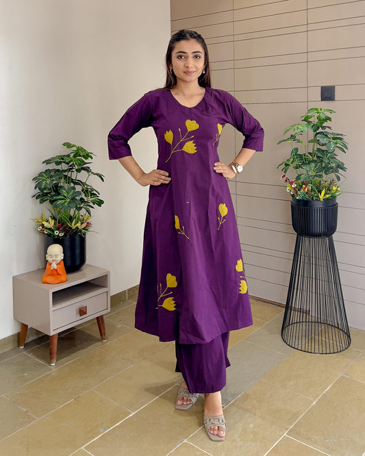 Wine Floral Cotton Kurti & Palazzo Pair