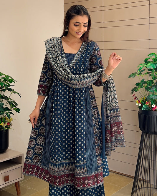 Blue Printed Full Length Kurta & Dupatta 