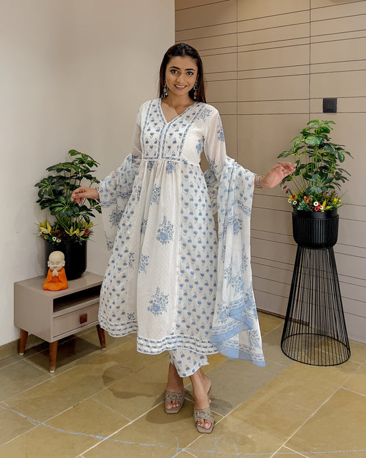 White Anarkali Kurti In Sky Print 