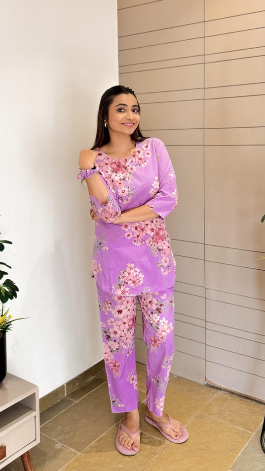 Purple Cotton Printed Co-ord Set