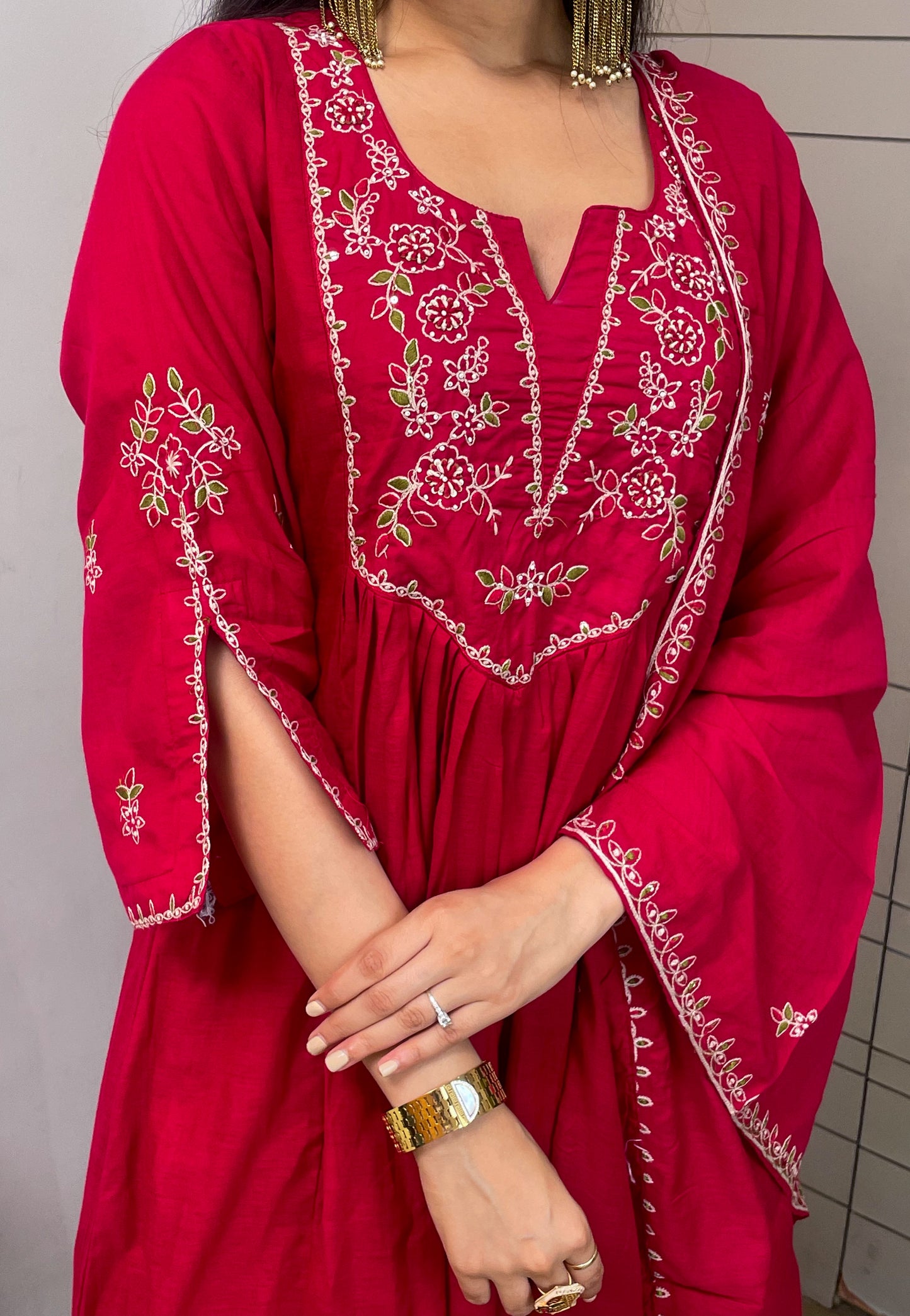 Rani Pure Mal Chanderi Round Kurta Pant Set With Dupatta