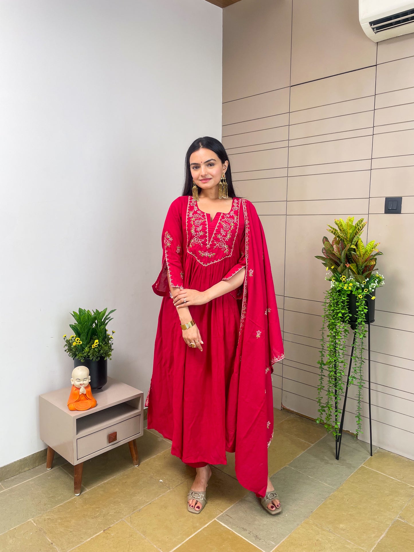 Rani Pure Mal Chanderi Round Kurta Pant Set With Dupatta