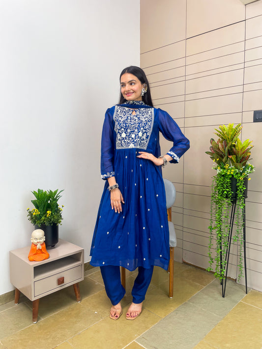 Royal Blue Aline Kurta Pant Set With Dupatta