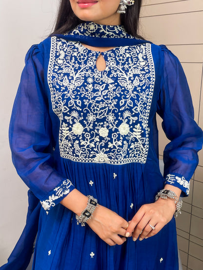 Royal Blue Aline Kurta Pant Set With Dupatta
