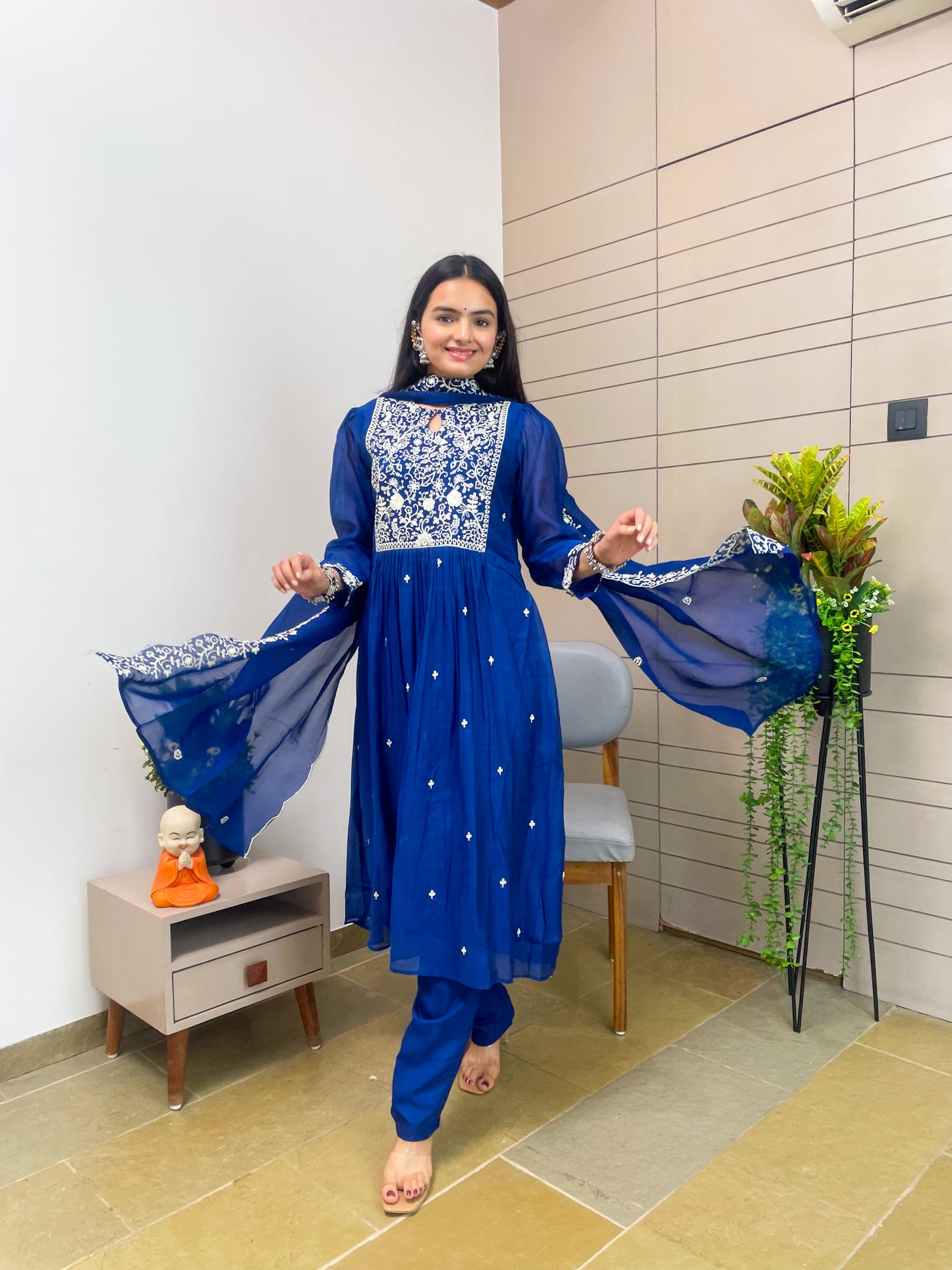 Royal Blue Aline Kurta Pant Set With Dupatta