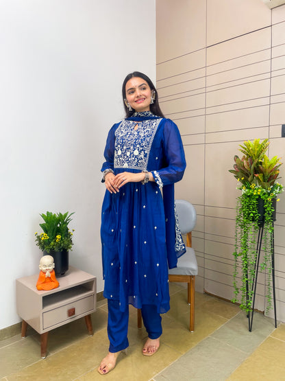 Royal Blue Aline Kurta Pant Set With Dupatta