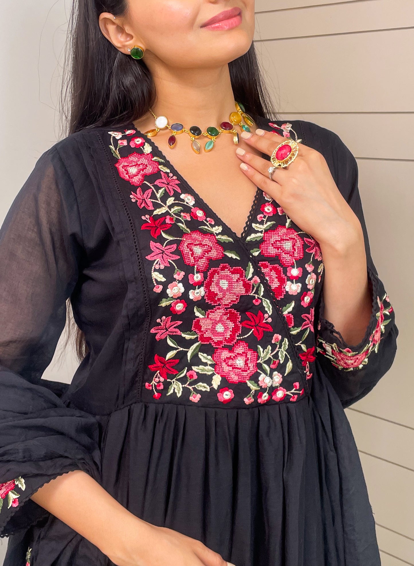 Black mul Cotton Round Kurta Pant Set With Dupatta