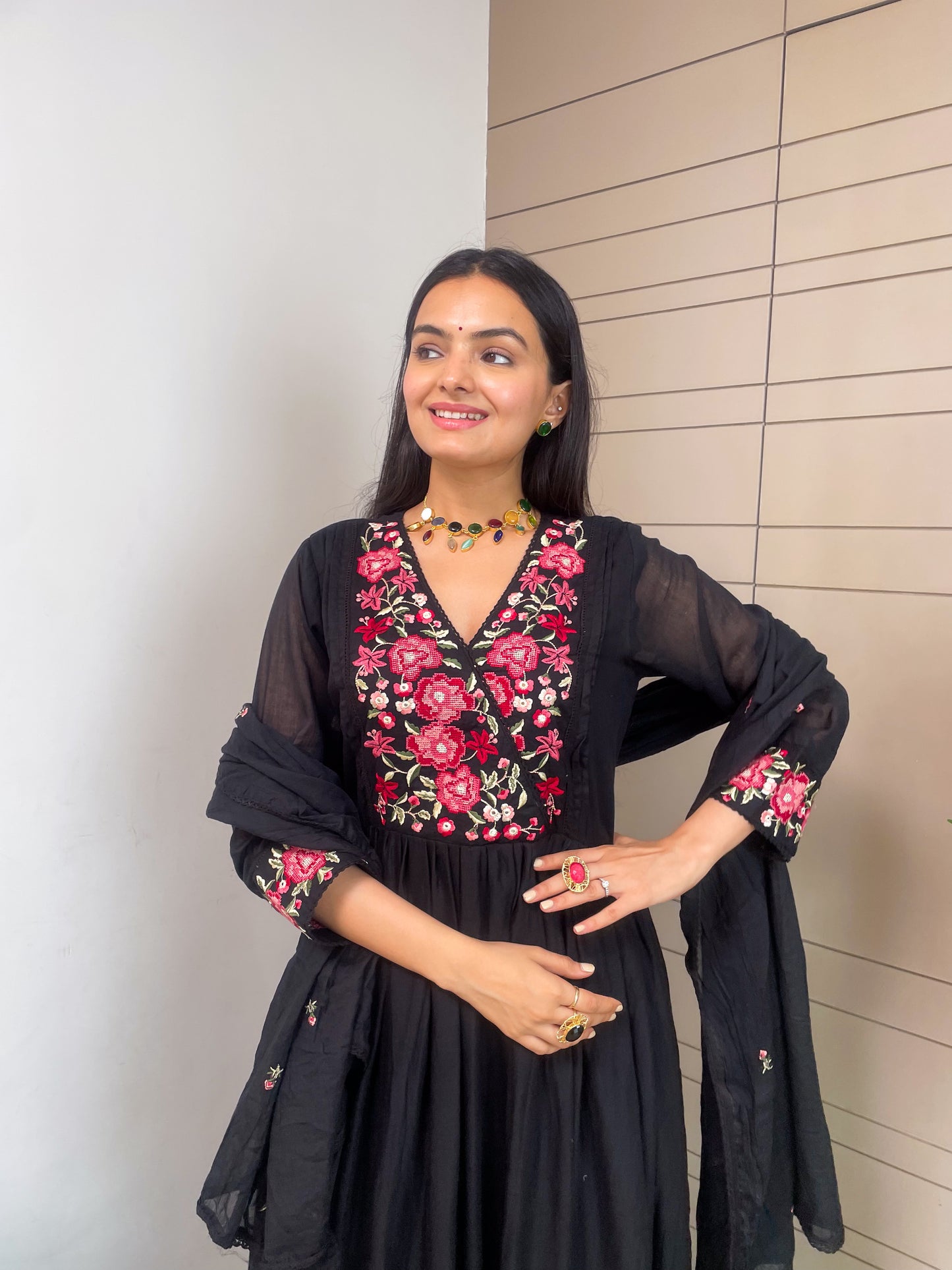 Black mul Cotton Round Kurta Pant Set With Dupatta