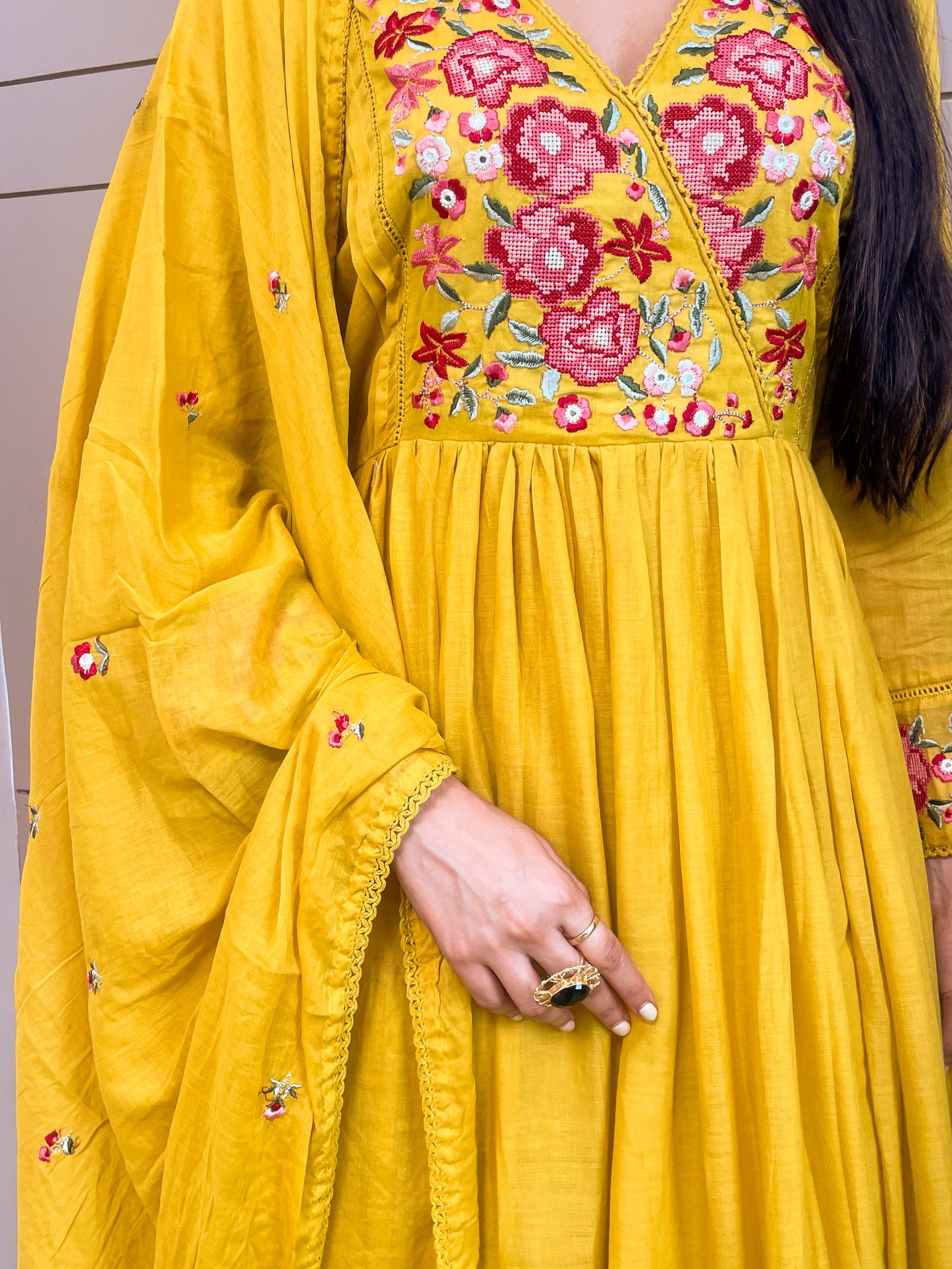 Yellow mul Cotton Round Kurta Pant Set With Dupatta