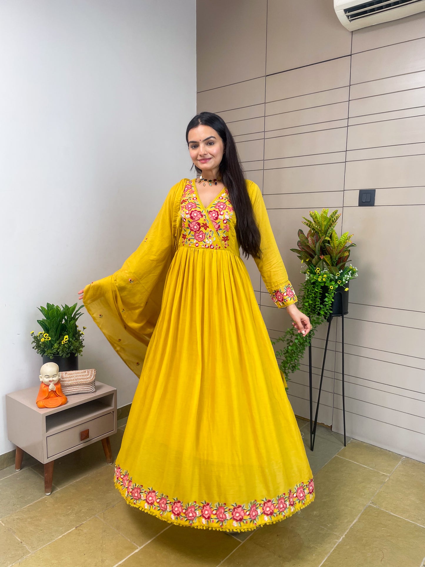 Yellow mul Cotton Round Kurta Pant Set With Dupatta