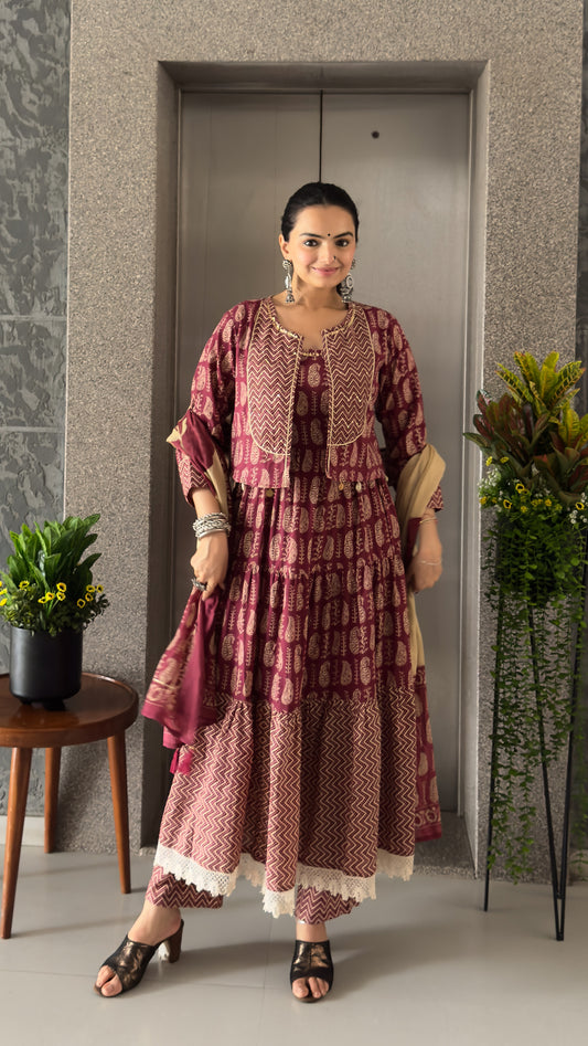 Wine Anarkali Cotton Kurta Pant Set with Jacket & Dupatta