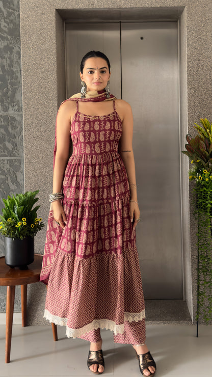 Wine Anarkali Cotton Kurta Pant Set with Jacket & Dupatta