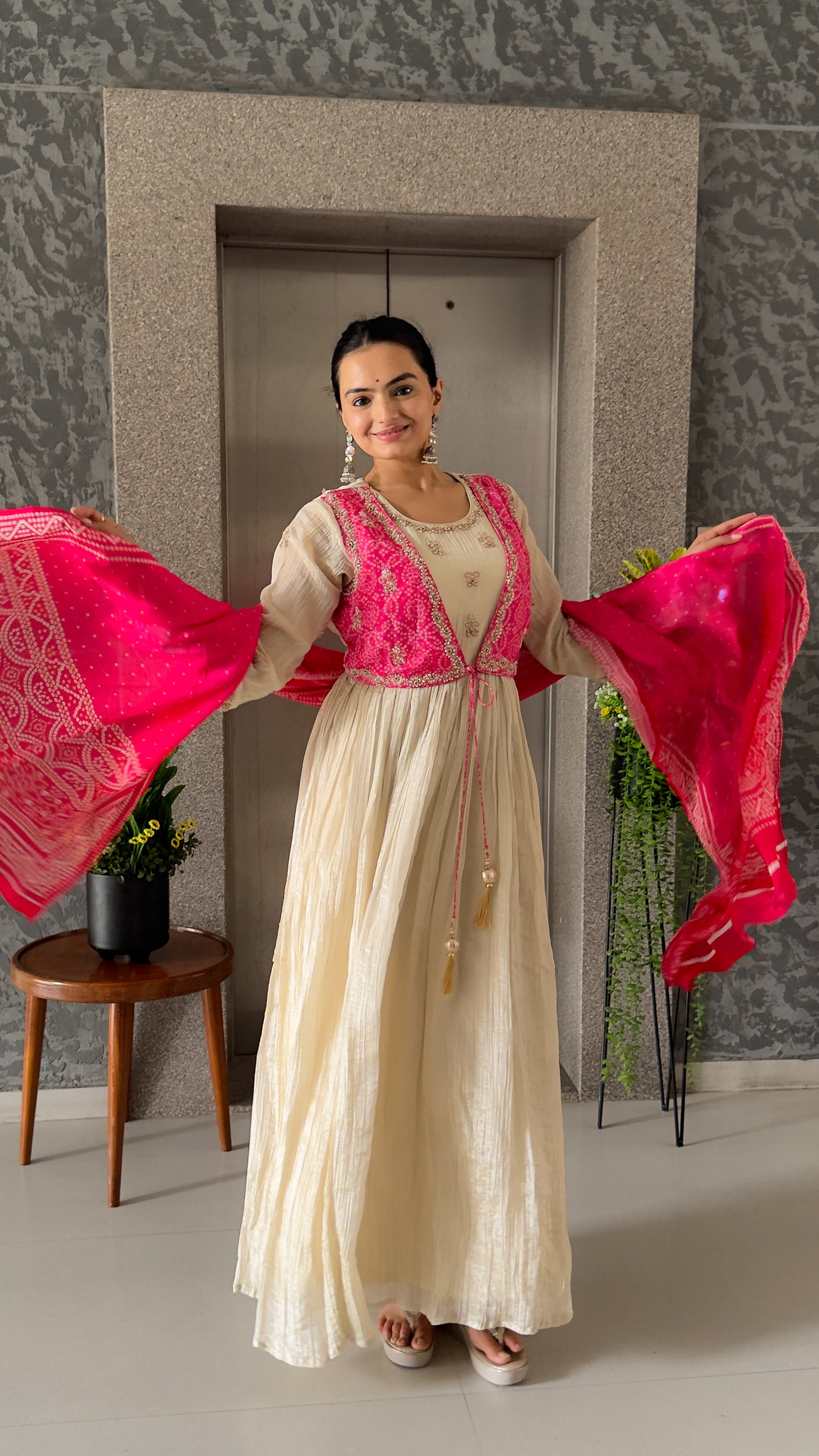 Off White Round With Jacket Gown For Girls
