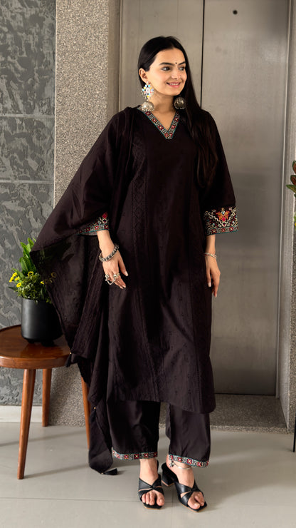 Black Cotton Kurta Palazzo Set With Dupatta