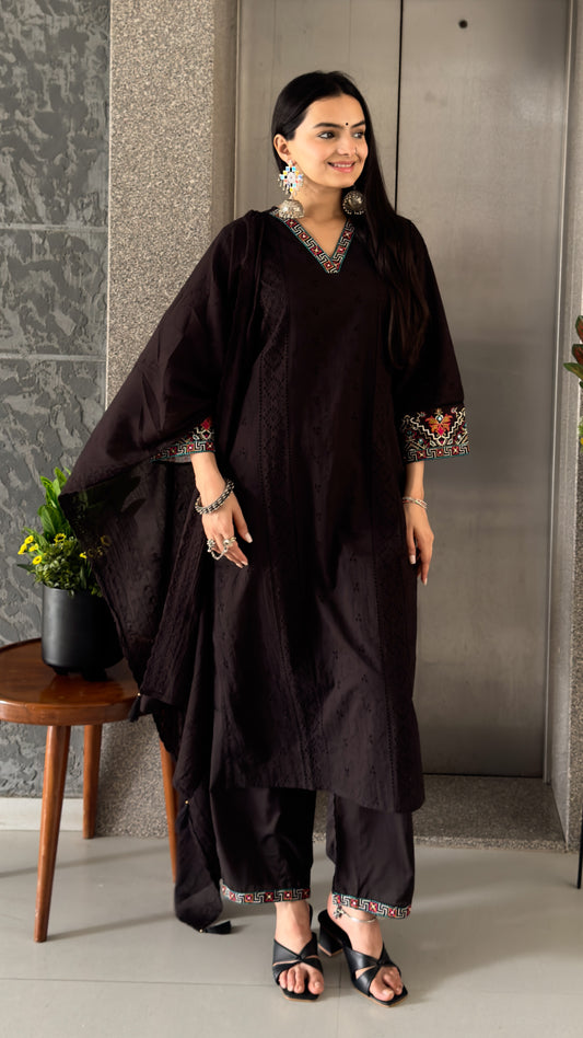 Black Cotton Kurta Palazzo Set With Dupatta
