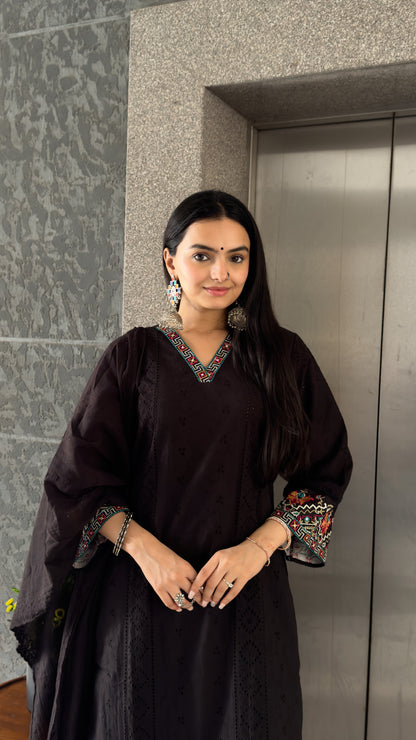 Black Cotton Kurta Palazzo Set With Dupatta