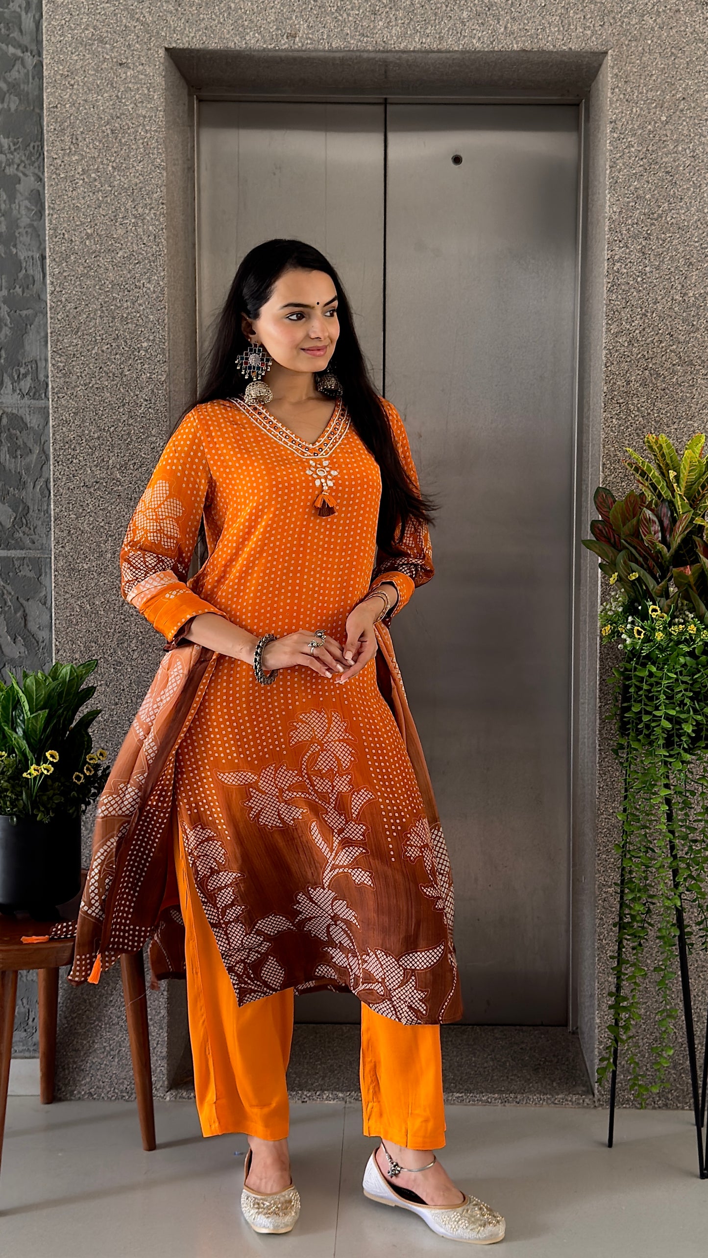 Orange Straight Kurta Pant Set With Dupatta