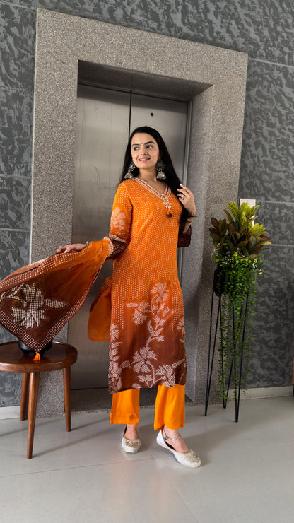 Orange Straight Kurta Pant Set With Dupatta