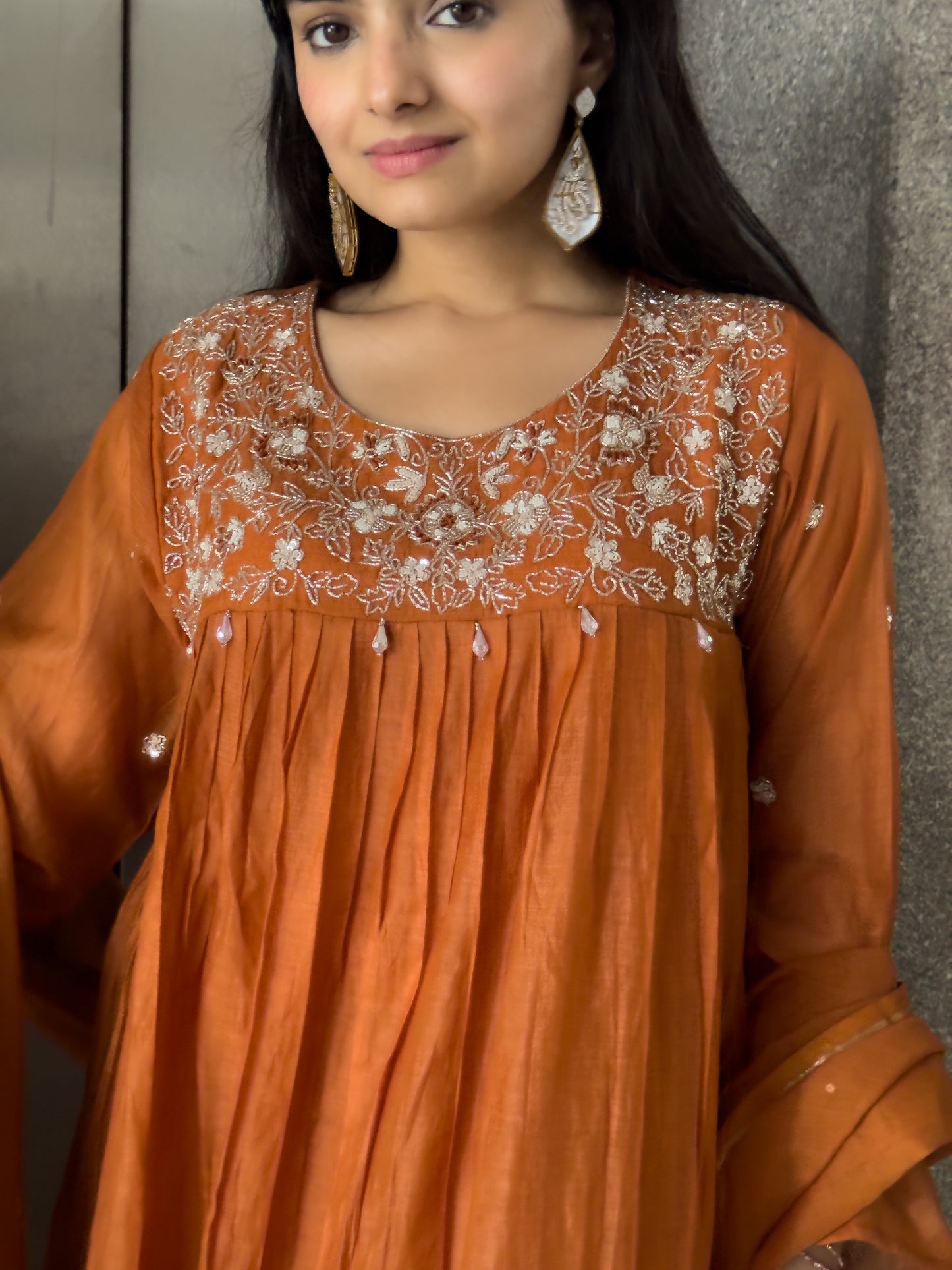 Rust Mal Chanderi Kurta Palazzo Set With Dupatta
