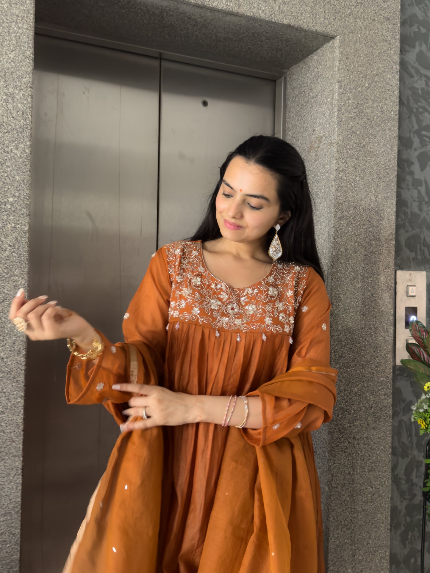 Rust Mal Chanderi Kurta Palazzo Set With Dupatta