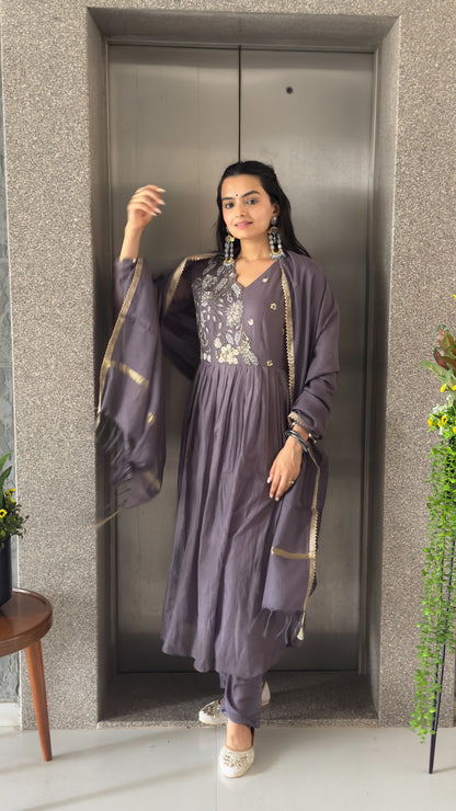 Grey Aline Kurta Pant Set With Dupatta