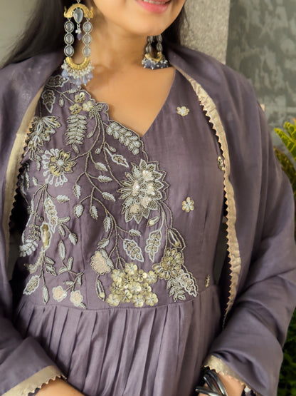 Grey Aline Kurta Pant Set With Dupatta