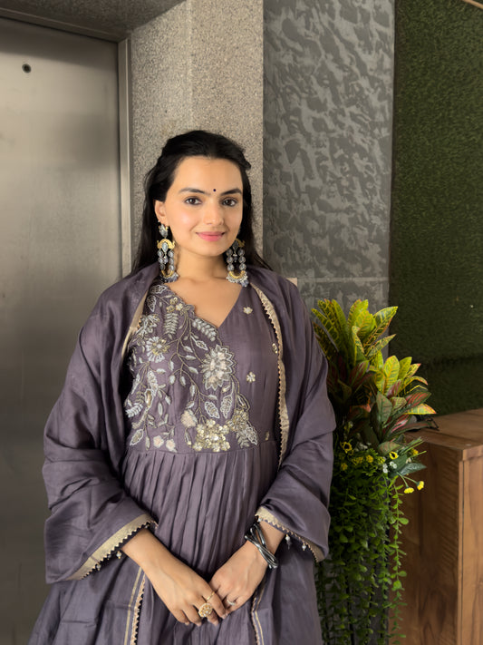 Grey Aline Kurta Pant Set With Dupatta