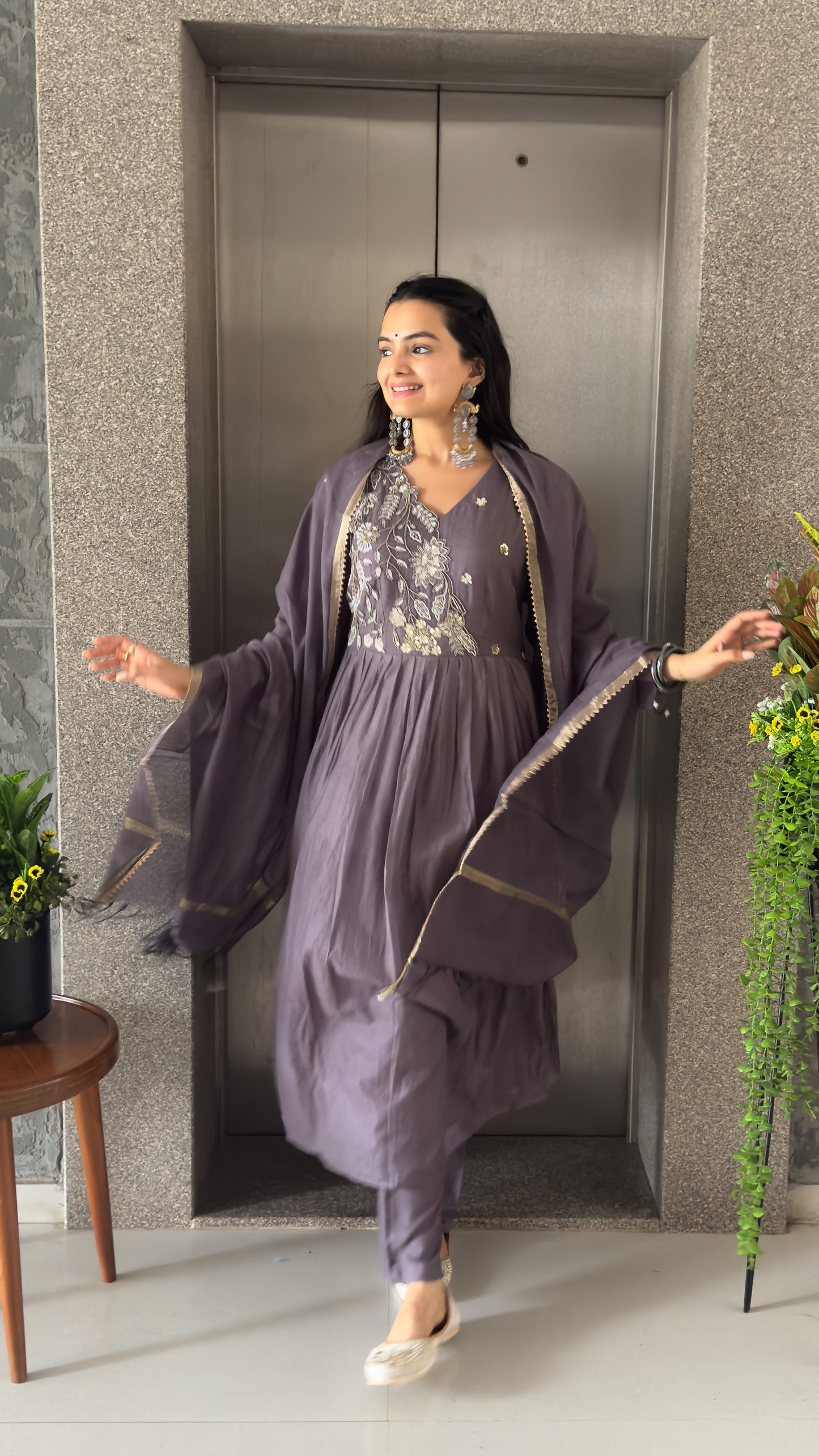 Grey Aline Kurta Pant Set With Dupatta