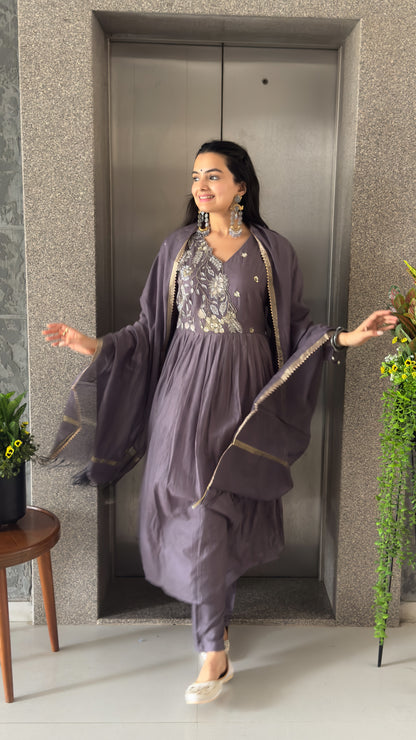 Grey Aline Kurta Pant Set With Dupatta