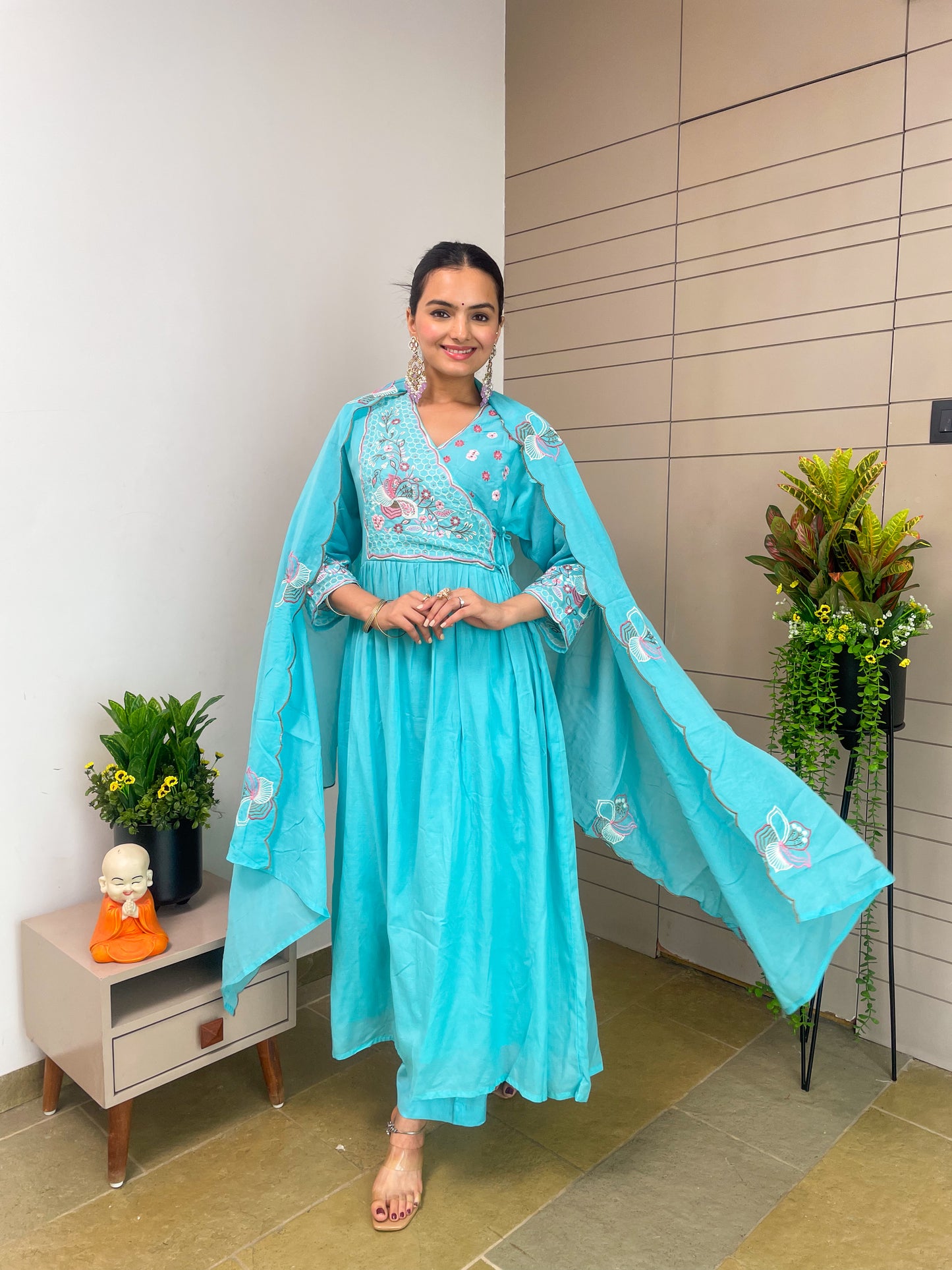 Round Angrakha Style Kurta Pant Set with Dupatta