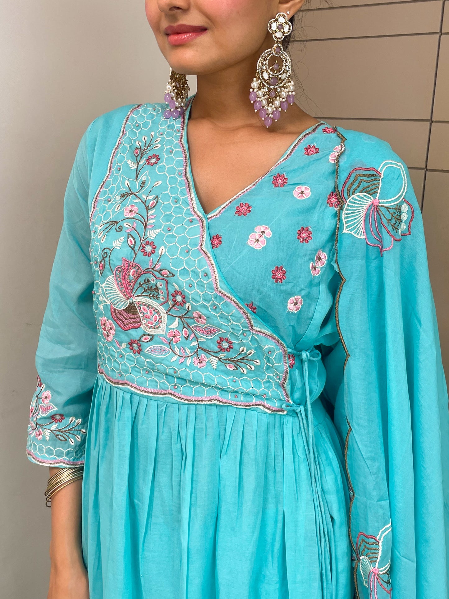 Round Angrakha Style Kurta Pant Set with Dupatta