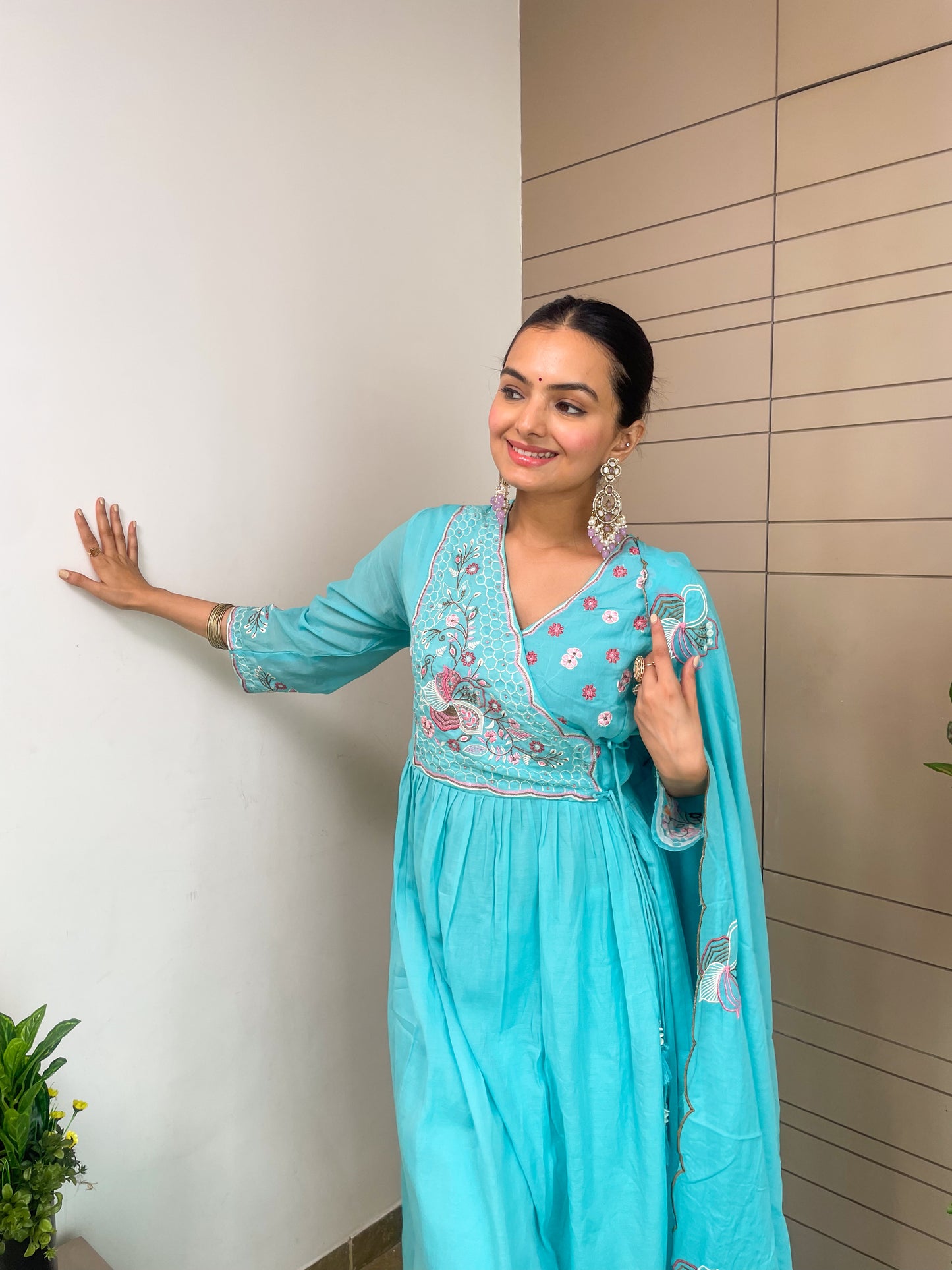 Round Angrakha Style Kurta Pant Set with Dupatta