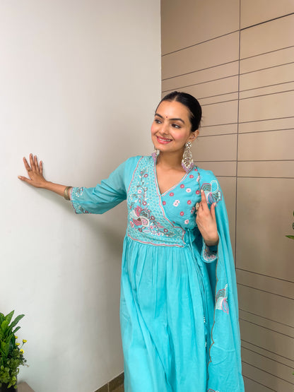 Round Angrakha Style Kurta Pant Set with Dupatta