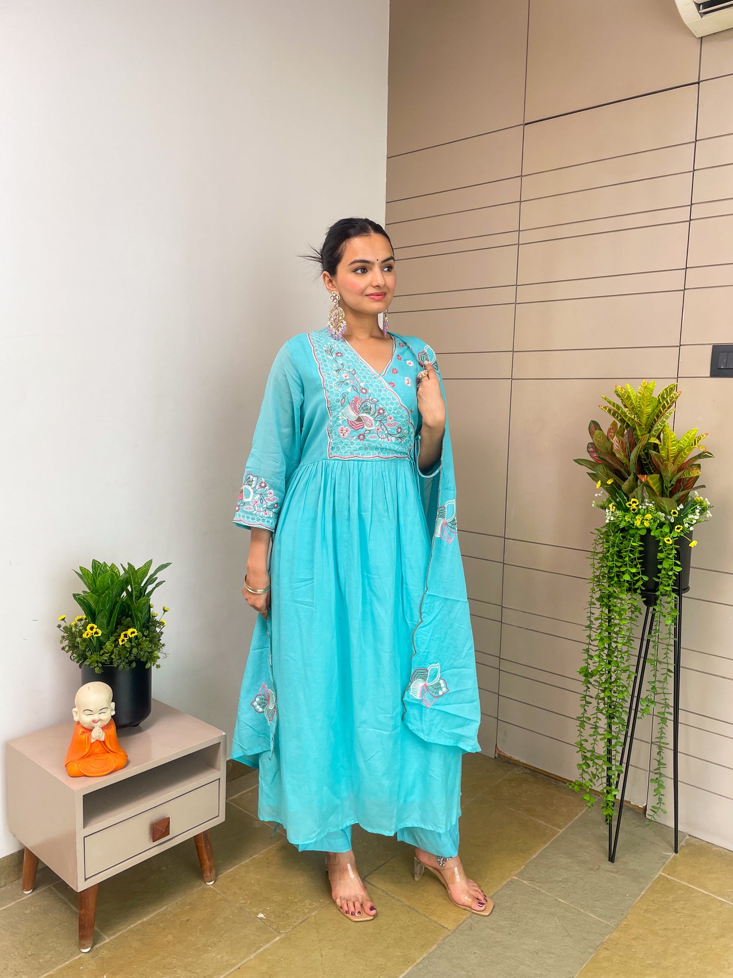 Round Angrakha Style Kurta Pant Set with Dupatta