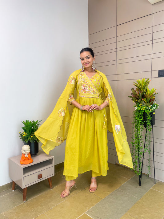 Round Angrakha Style Kurta Pant Set with Dupatta