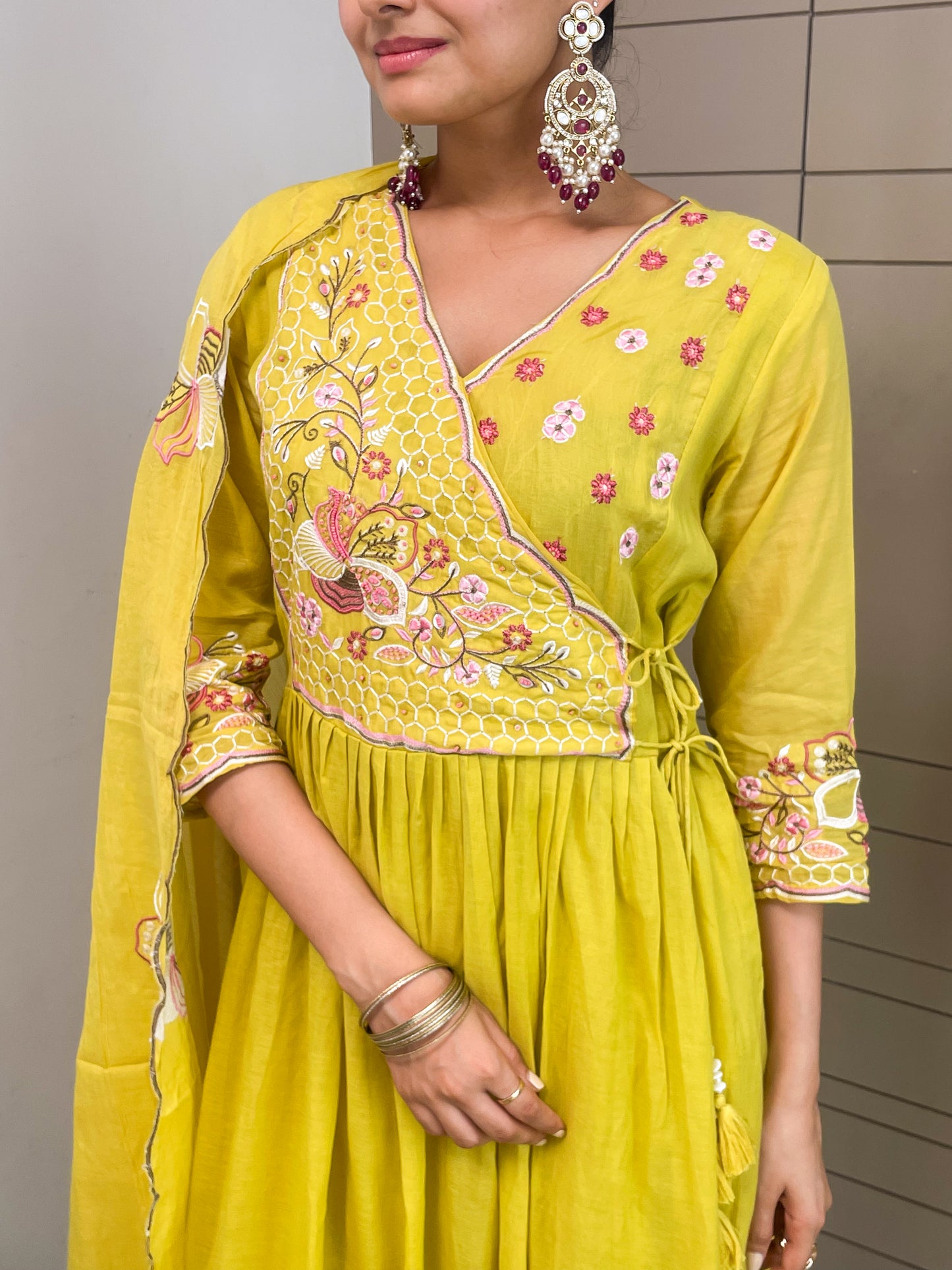 Round Angrakha Style Kurta Pant Set with Dupatta
