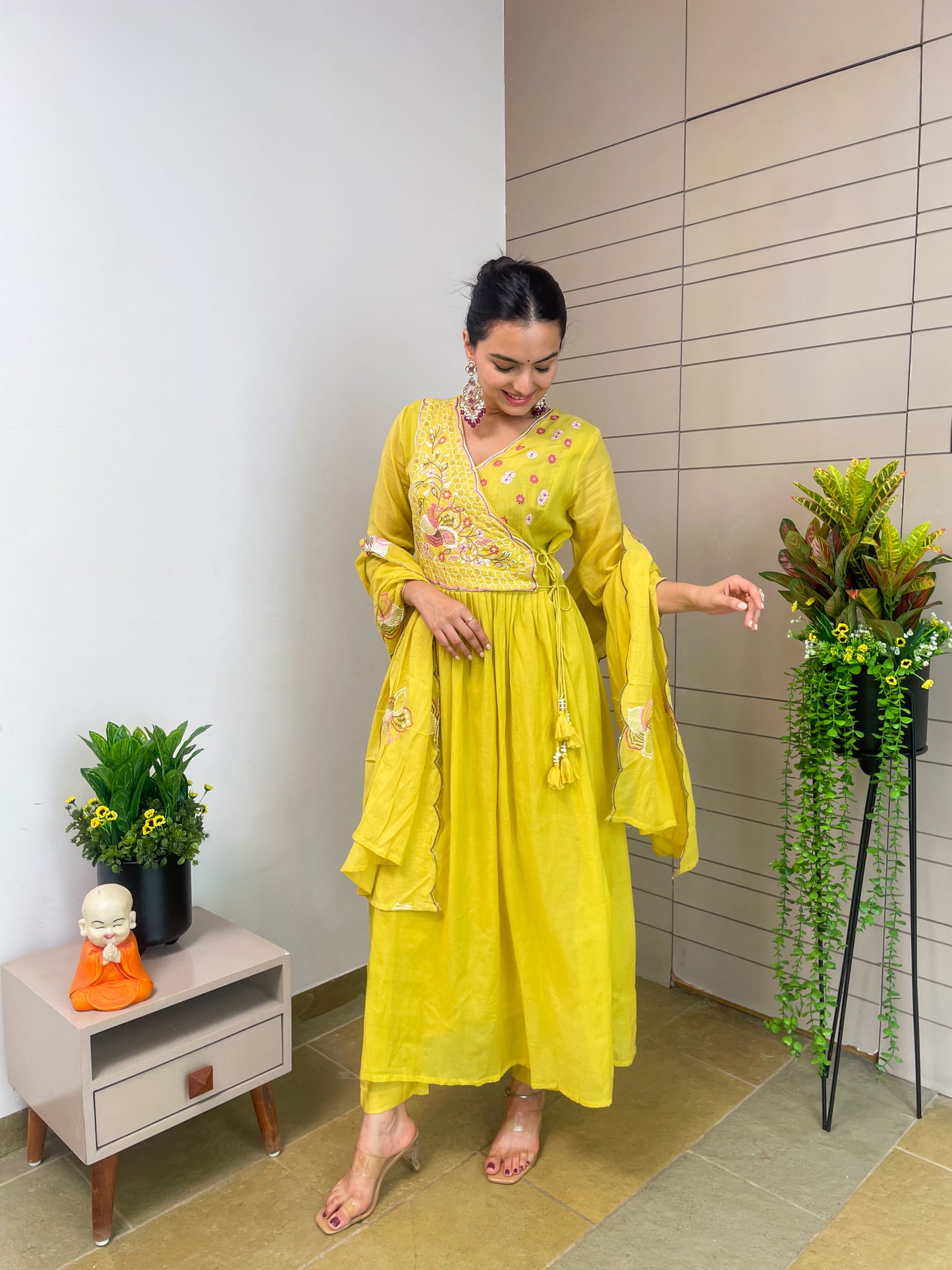 Round Angrakha Style Kurta Pant Set with Dupatta