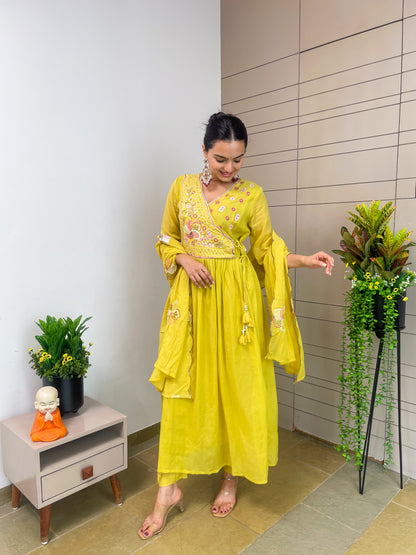Round Angrakha Style Kurta Pant Set with Dupatta