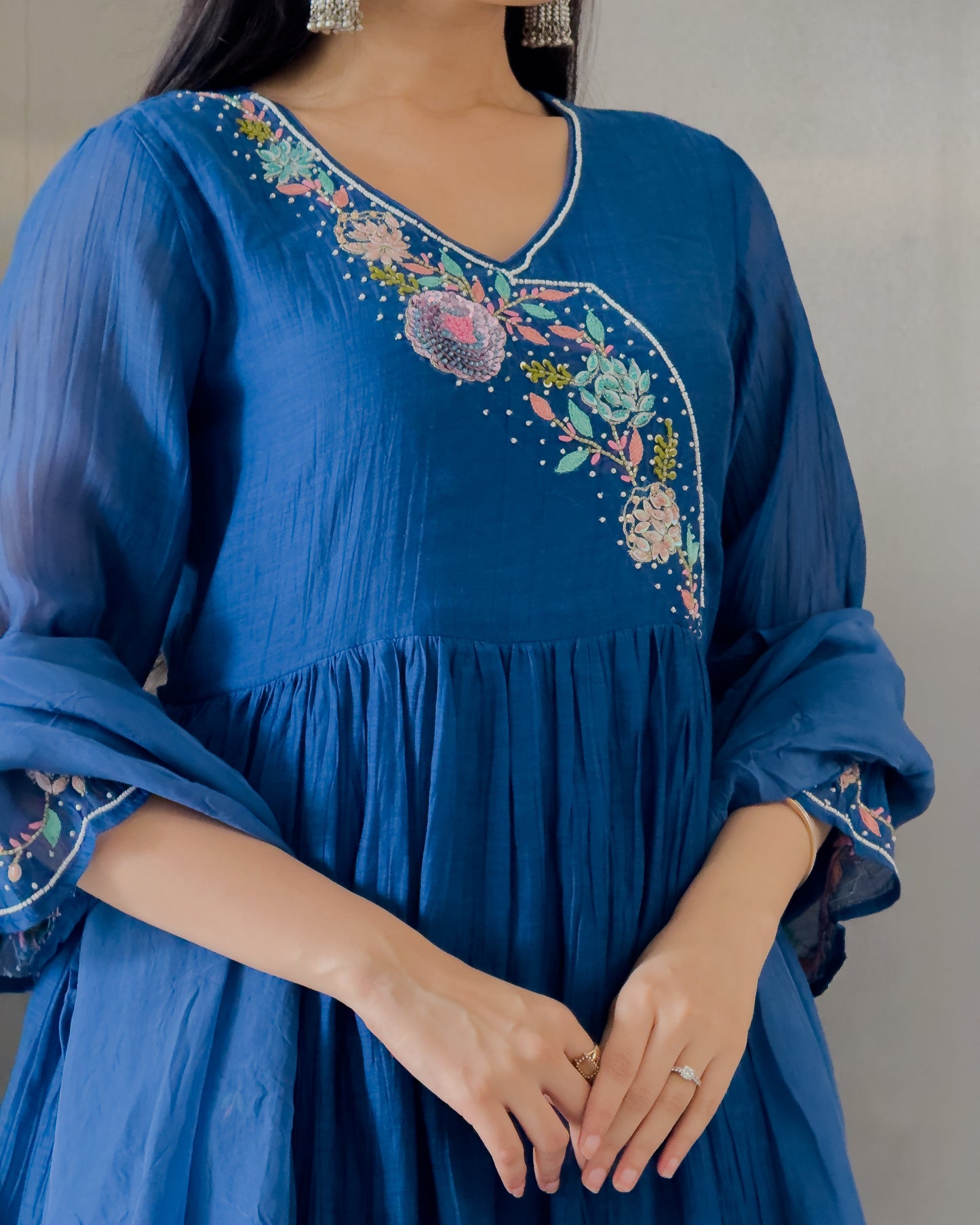 Blue A-Line Kurta Pant Set with Dupatta