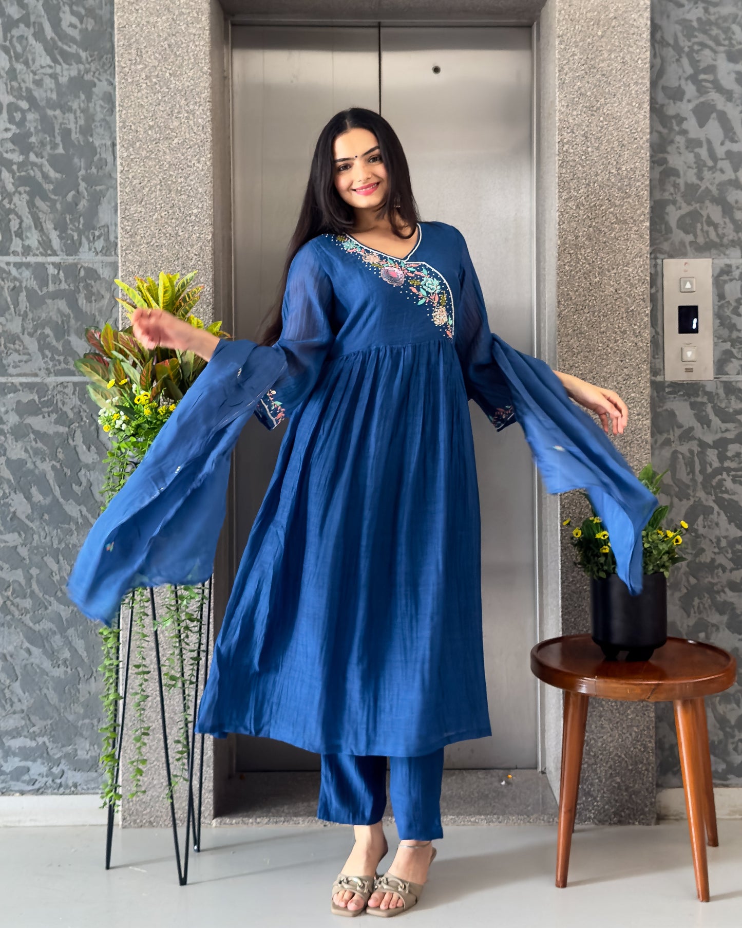 Blue A-Line Kurta Pant Set with Dupatta