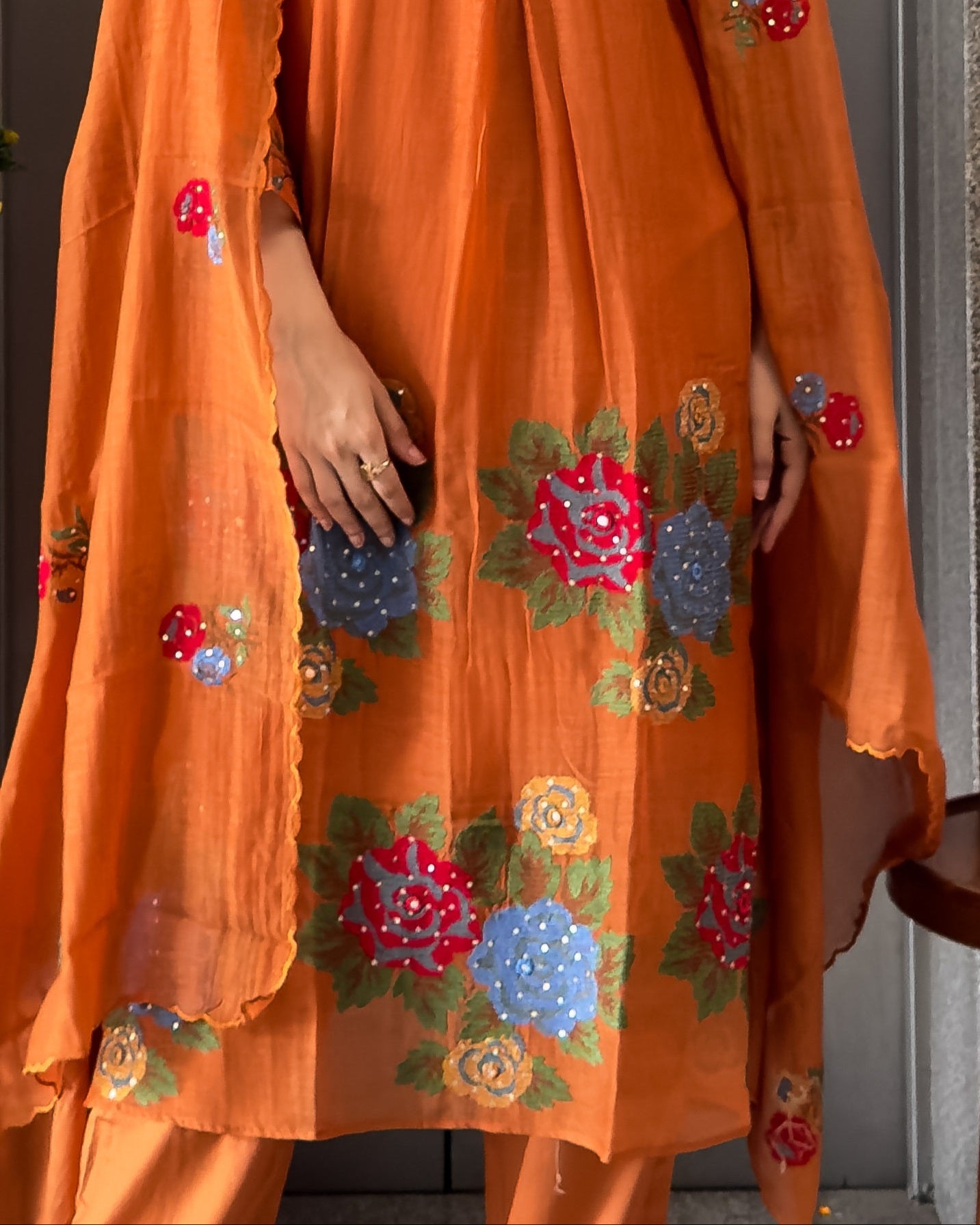 Rust A-Line Round Kurta Pant Set with Dupatta