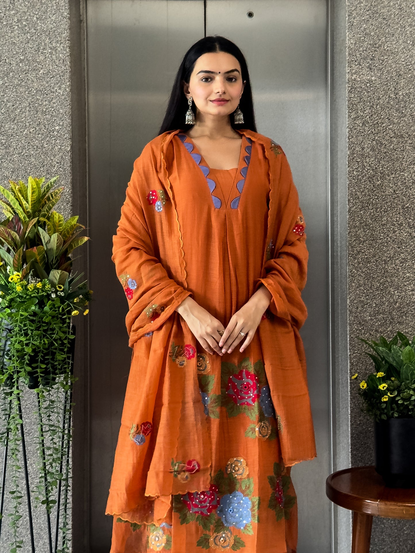 Rust A-Line Round Kurta Pant Set with Dupatta